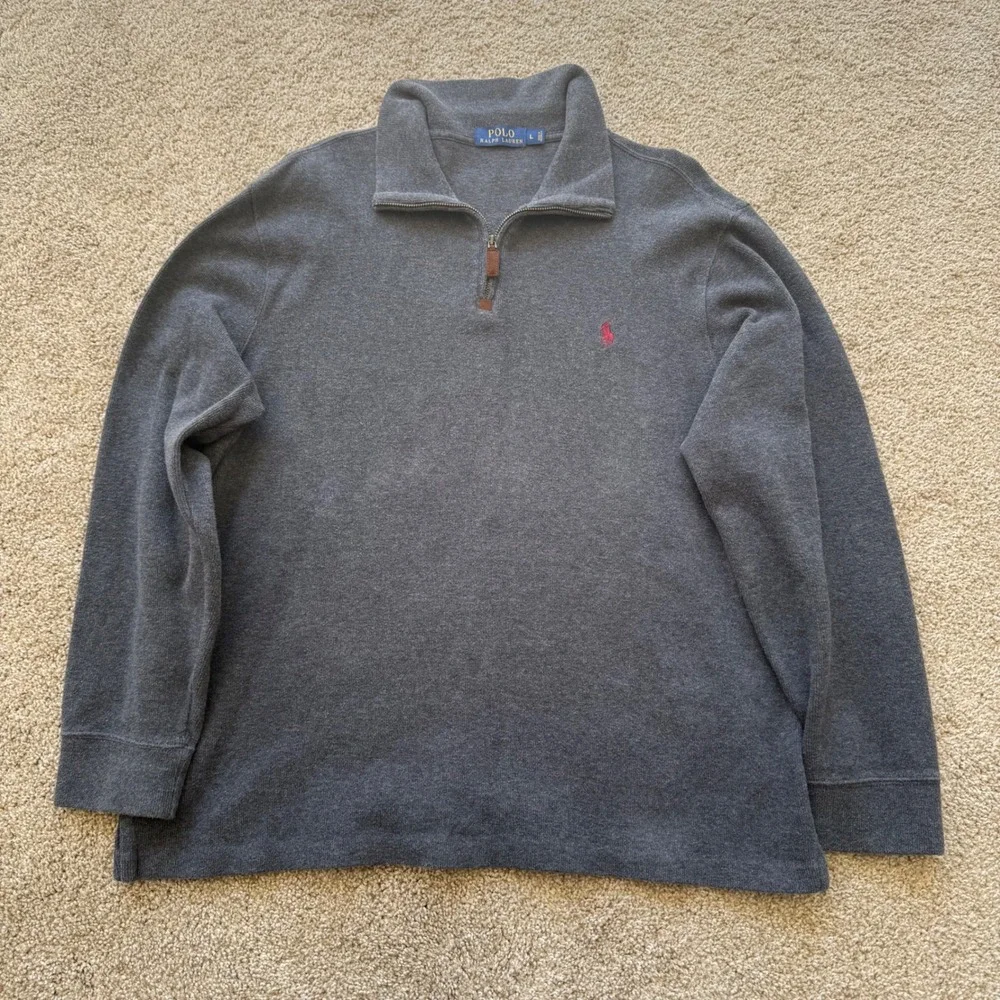 Polo Ralph Lauren Quarter Zip Pullover Mens L Grey Red Pony Logo Sweater